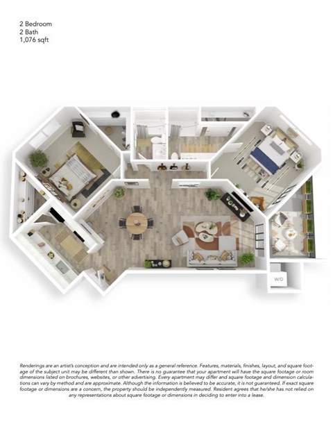 Floor plan for 2 beds, 2 baths, 1076 sqft